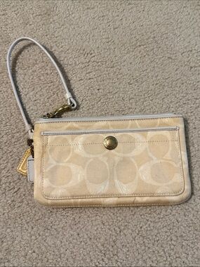 Coach Cream Signature Wristlet with White Strap